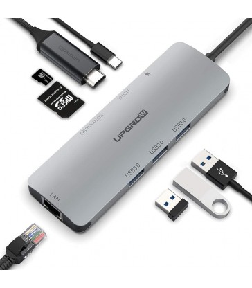 Hub USB C Multiport 8 en 1, Ethernet, HDMI 4K, 3 Puertos USB 3.0, Lector SD/TF